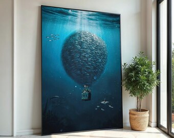 Balloon of Fish Canvas, Surreal Ocean Art, Underwater Fantasy Print, Wall Art Canvas Design, Ready to Hang Decoration