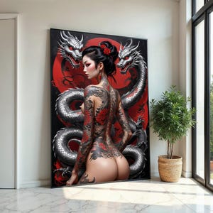 Dragon Tattoo Canvas Art, Oriental Fantasy Wall Art, Mythical Dragon and Woman Poster, Tattoo Design Canvas, Ready To Hang Decor