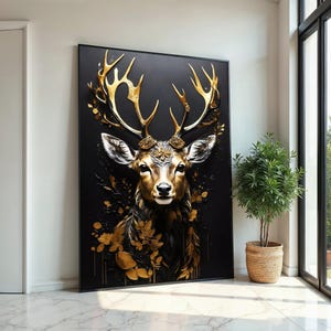 Goldener Hirsch Leinwand Kunst, Elegante Hirsch Wanddruck, Tier Leinwand, Luxus Wanddekor, Wand Kunst Leinwand Design, Fertig zum Aufhängen