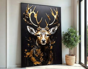 Lienzo de ciervo dorado, elegante impresión de ciervo para pared, lienzo de animales, decoración de pared de lujo, diseño de lienzo para pared, decoración lista para colgar