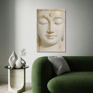 Serene Buddha Canvas, Gold Accents Buddha Wall Art, Spiritual Decor, Peaceful Meditation Canvas, Wall Art Design, Ready To Hang Deco