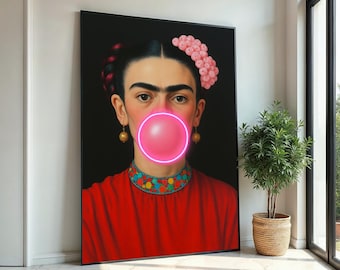 Frida Bubble Gum Canvas, Pop Art Frida Wall Art, Modern Feminist Wall Decor, Neon Bubblegum Portrait, Ready To Hang Canvas, Print Canvas