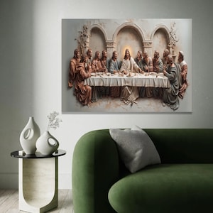 Art mural sur toile La Cène, décoration religieuse chrétienne, tableau Jésus et ses apôtres, toile scène biblique, décoration prête à accrocher image 7