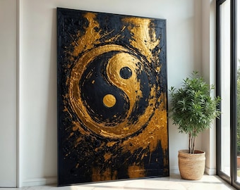 Gold Yin Yang Canvas, Zen Art, Textured Yin Yang Design, Wall Art Canvas, Black Gold Decor, Modern Abstract, Ready To Hang Decoration