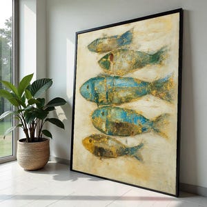 Abstract Fish Canvas, Elegant Fish Art, Gold  Blue Fish Wall Print, Textured Fish Poster, Wall Art Canvas Design, Ready To Hang Decoration