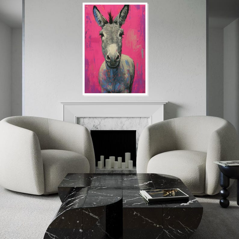 Colorful Donkey Canvas, Vibrant Animal Art, Pink Background Donkey Print, Wall Art Canvas Design, Ready to Hang Decoration