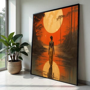 Canvasafdruk Afrikaanse vrouw maansopgang – silhouet wandelen op water onder oranje zonsondergang, sereen boho landschap muurkunst decor cadeau