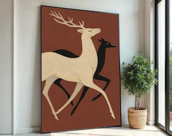 Elegante lienzo de ciervos, arte abstracto de pared, impresión de silueta de animal, diseño de lienzo para pared, decoración lista para colgar.