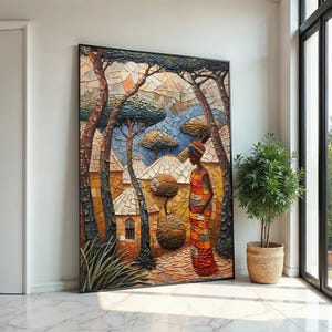 Può includere: Una grande opera d'arte a mosaico incorniciata raffigurante una scena di villaggio africano. L'opera presenta una donna in abiti colorati, in piedi vicino a edifici e alberi. Il mosaico utilizza tonalità della terra, con accenti blu e verdi, creando un effetto tridimensionale strutturato.