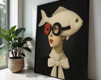 Könnte beinhalten: Ein surrealistisches Porträt einer Frau mit einem weißen Fisch auf dem Kopf, die eine Schutzbrille und eine rote Mohnblume trägt. Die Frau trägt ein schwarz-weißes gepunktetes Kleid mit einer weißen Schleife. Der Hintergrund ist schwarz.