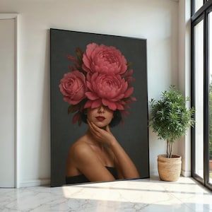 Tela de mulher floral elegante, arte de coroa de flores, impressão de retrato surreal, design de tela de arte de parede, decoração pronta para pendurar, arte para presente, tela de impressão