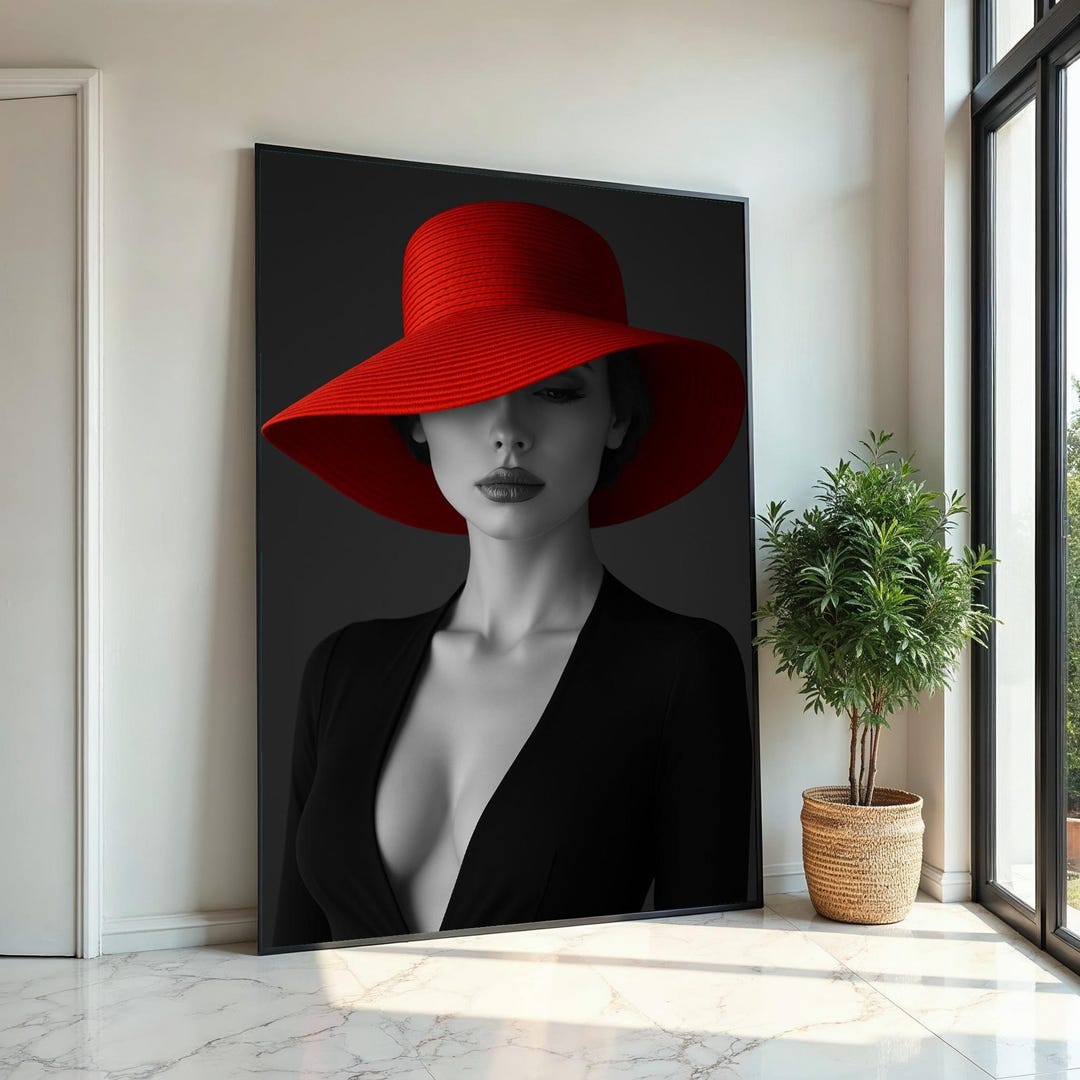 Elegant Woman in Red Hat, Black and White Canvas, Fashion Wall Art ...
