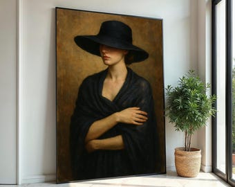 Elegant Woman in Black Hat, Mysterious Lady Canvas Art, Portrait Canvas Wall Art, Timeless Fashion Print, Wall Art Canvas Design