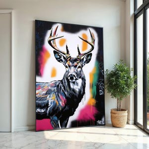 Multicolor Stag Canvas, Deer Wall Art, Vibrant Animal Art, Stag Head Print, Wall Art Canvas Design, Ready To Hang Decoration