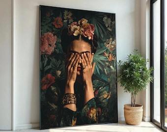 Frida bloemenportret canvas muurkunst, tropische bladeren en bloemen, artistieke huisdecoratie, gedurfde vrouwelijke muur klaar om op te hangen decoratie