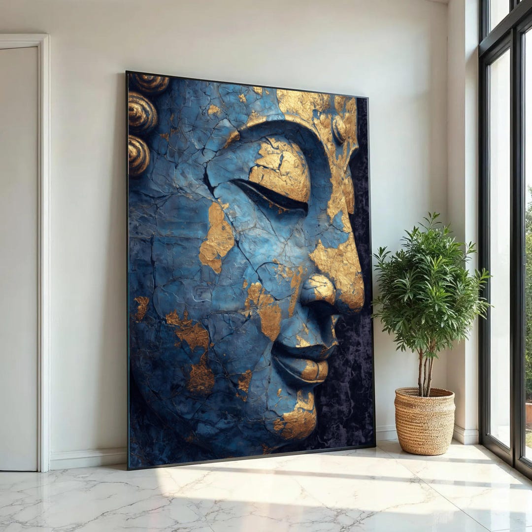 Tranquil Buddha Face Canvas, Blue and Gold Cracked Spiritual Wall Art ...