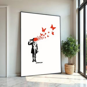 Dziewczyna z motylami płótno, surrealistyczna sztuka ścienna, wydruk w stylu Banksy'ego, projekt sztuki ściennej na płótnie, gotowa do powieszenia dekoracja