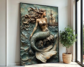 Mermaid in Waves Canvas, Nautical Wall Art, Ocean Fantasy Print, Elegant Mermaid Wall Decor, Wall Art Canvas Design, Ready to Hang