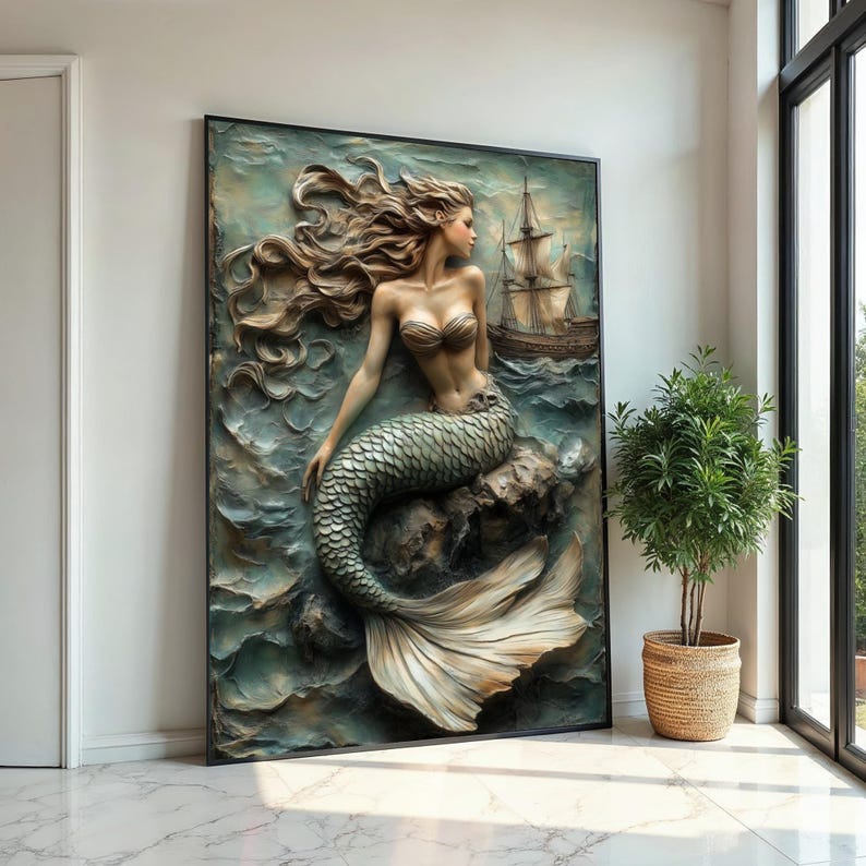 Mermaid in Waves Canvas, Nautical Wall Art, Ocean Fantasy Print ...
