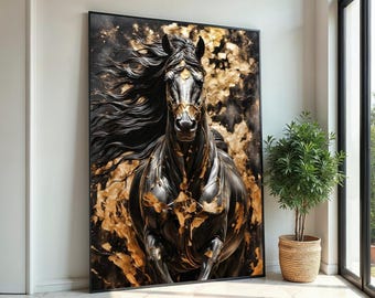 Majestic Black Horse Canvas, Golden Accents Horse Art, Wall Art Canvas Design, Elegant Horse Print, Framed Ready To Hang Decoration