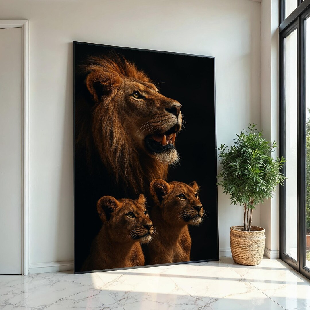 Regal Lion Family Canvas, Lion and Cubs Wall Art, Animal Kingdom Decor ...