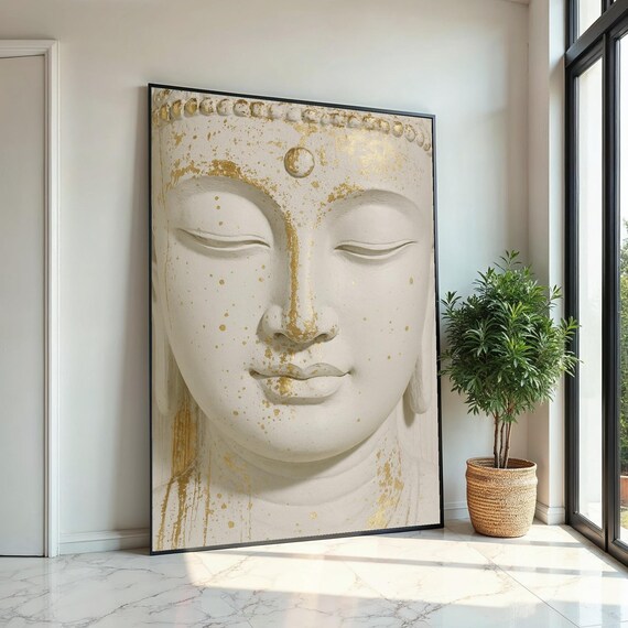 Serene Buddha Canvas, Gold Accents Buddha Wall Art, Spiritual Decor, Peaceful Meditation Canvas, Wall Art Design, Ready To Hang Deco