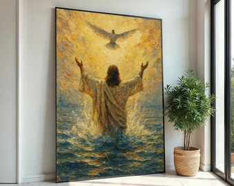 Jesus Raising Hands with Dove Canvas Print – Holy Spirit and Golden Light Art, Christian Wall Decor, Inspirational Faith Home Gift