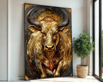 Canvastavla med gyllene tjur, majestätisk tjurkonst, djurväggkonst, väggtavla med gyllene tjur, canvasdesign, färdig att hänga dekoration