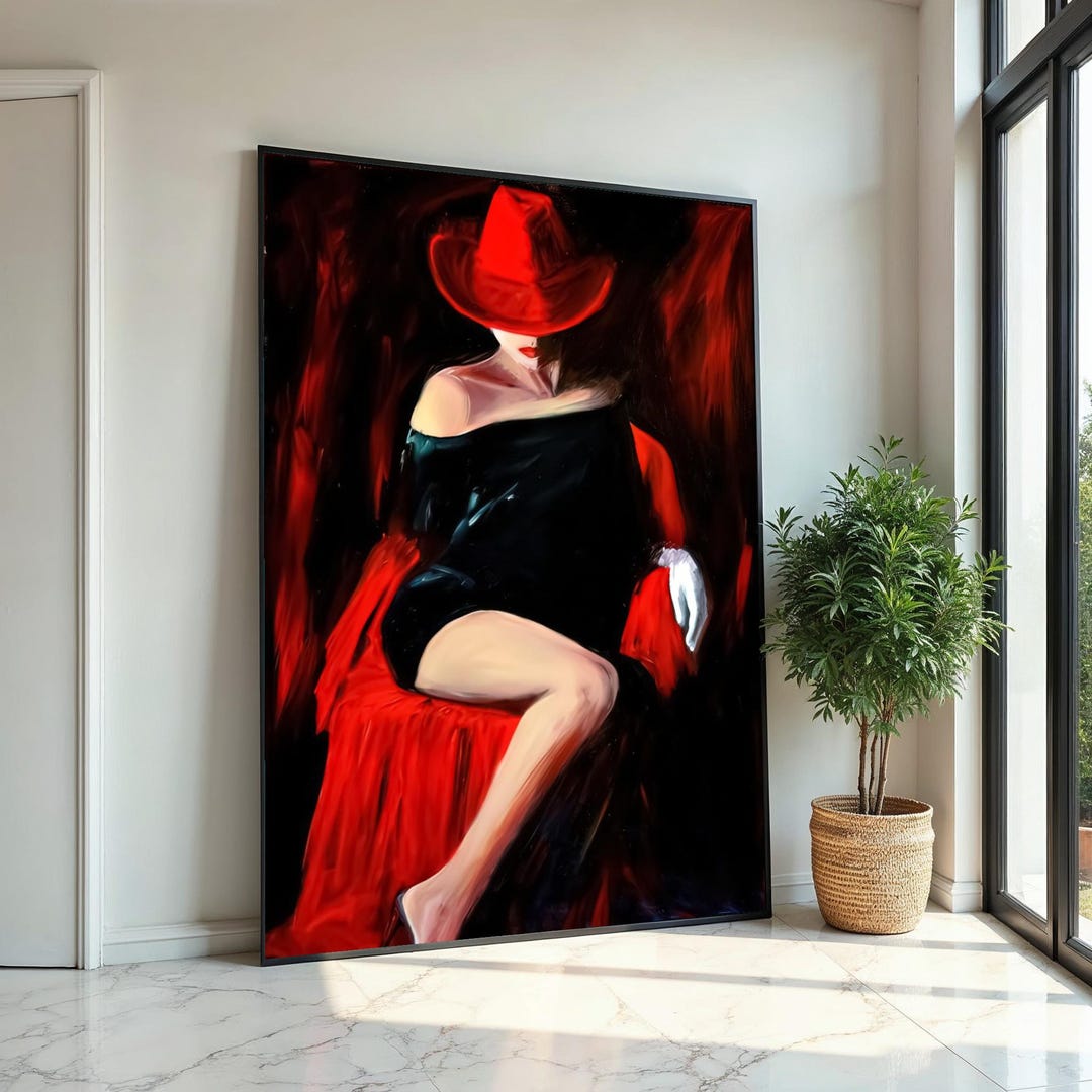 Red Hat Lady Canvas, Elegant Woman in Black Dress, Wall Art Canvas ...