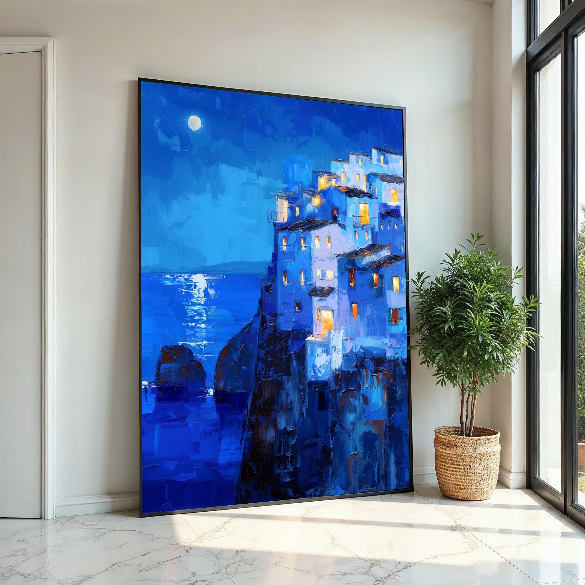 Moonlit Mediterranean Cliff Village Canvas Print – Vibrant Blue
