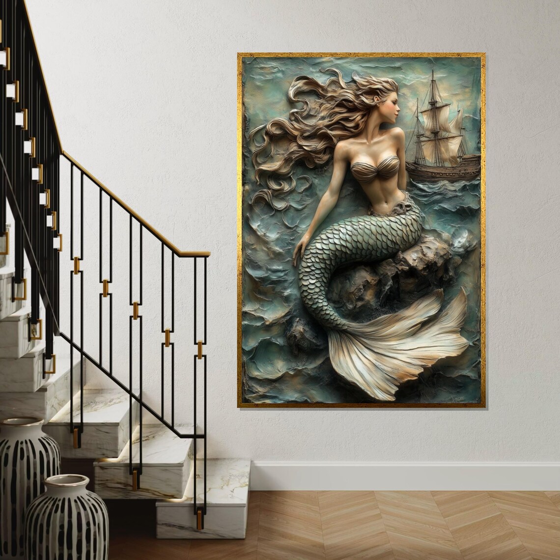 Mermaid in Waves Canvas, Nautical Wall Art, Ocean Fantasy Print ...