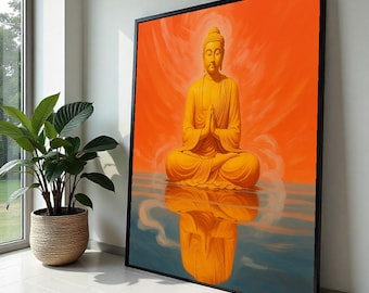 Op de afbeelding: Een gouden Boeddhabeeld dat mediteert in een lotuspositie tegen een levendige oranje achtergrond met een reflectie in het water eronder. Het beeld is omgeven door een zachte, witte mist.