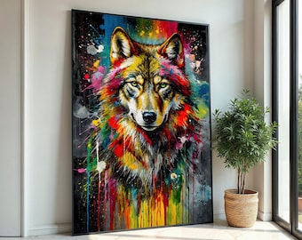 Majestic Wolf Canvas, Multicolor Wolf Art, Animal Wall Print, Abstract Wolf Design, Wall Art Canvas, Ready To Hang Home Decor