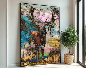 Lienzo abstracto de ciervo, impresión multicolor, arte de animales salvajes, diseño de lienzo para pared, decoración del hogar lista para colgar, arte moderno de vida silvestre