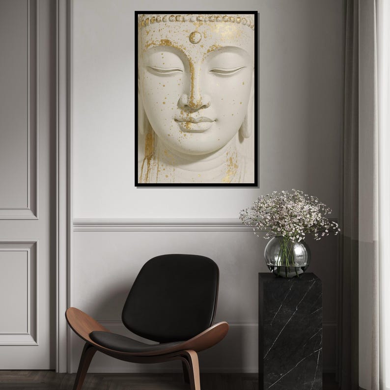 Serene Buddha Canvas, Gold Accents Buddha Wall Art, Spiritual Decor, Peaceful Meditation Canvas, Wall Art Design, Ready To Hang Deco