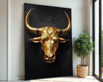 Golden Bull Canvas, Metal Bull Wall Art, Elegant Animal Wall Print, Bull Sculpture Poster, Wall Art Canvas Design, Ready To Hang, Print Art