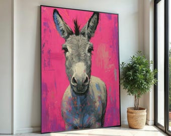 Colorful Donkey Canvas, Vibrant Animal Art, Pink Background Donkey Print, Wall Art Canvas Design, Ready to Hang Decoration