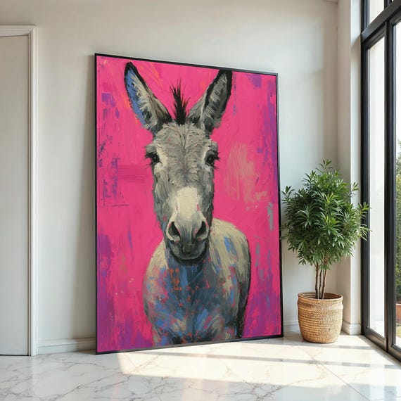 Colorful Donkey Canvas, Vibrant Animal Art, Pink Background Donkey Print, Wall Art Canvas Design, Ready to Hang Decoration