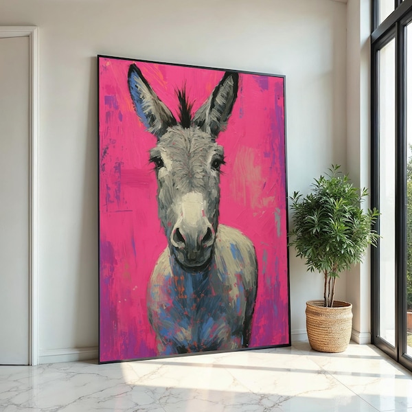 Colorful Donkey Canvas, Vibrant Animal Art, Pink Background Donkey Print, Wall Art Canvas Design, Ready to Hang Decoration