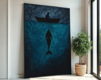 May include: A black and white silhouette painting of a mermaid and a person in a boat on a dark blue background with white stars. The painting is framed in black.