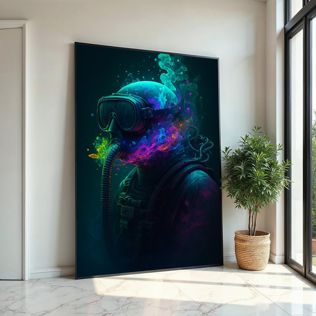 Underwater Psychedelic Diver Canvas, Colorful Deep Sea Wall Art ...