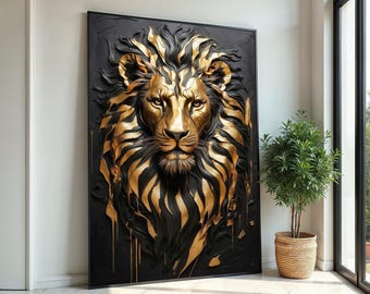 Golden Lion Majesty Canvas, Regal Lion Art, Metallic Lion Wall Print, Animal Wall Art, Wall Art Canvas Design, Ready to Hang Decor
