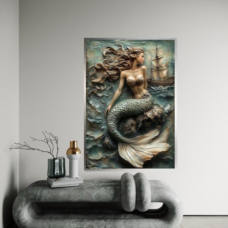 Mermaid in Waves Canvas, Nautical Wall Art, Ocean Fantasy Print ...