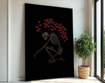 Pode incluir: Uma ilustração em preto e branco de um esqueleto sentado com flores vermelhas crescendo de sua cabeça. O esqueleto está sentado em um fundo preto.