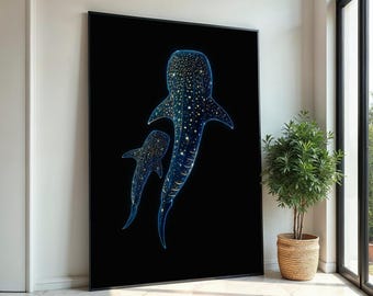 宇宙のサメのキャンバス壁アート、夜空の海のテーマ、シュールな海洋