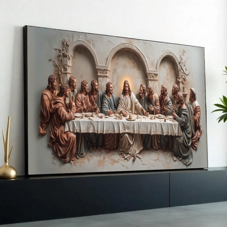 Art mural sur toile La Cène, décoration religieuse chrétienne, tableau Jésus et ses apôtres, toile scène biblique, décoration prête à accrocher image 1