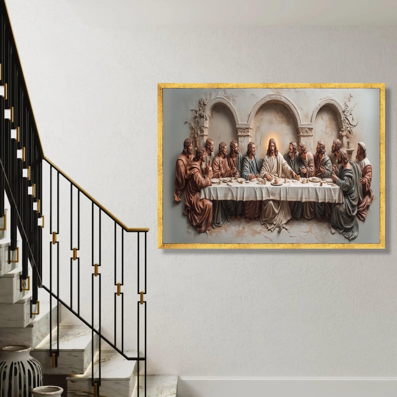 Art mural sur toile La Cène, décoration religieuse chrétienne, tableau Jésus et ses apôtres, toile scène biblique, décoration prête à accrocher image 5
