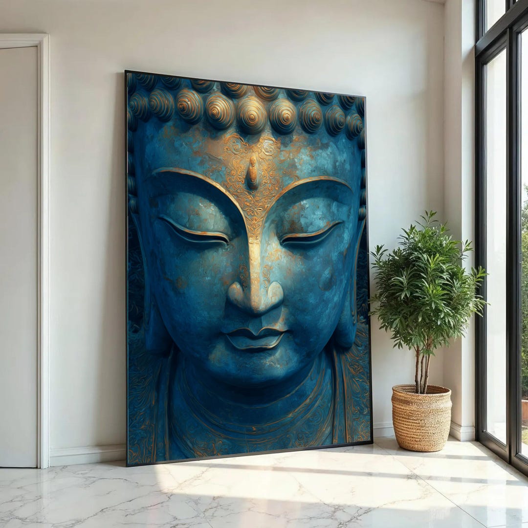 Serene Buddha Face Canvas Wall Art, Blue and Gold Meditation Decor ...