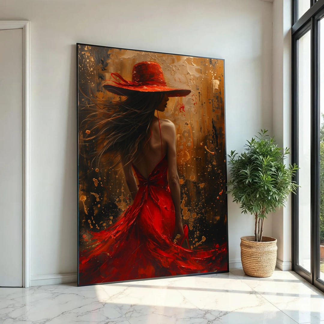 Elegant Woman in Red Dress and Hat Canvas, Abstract Female Portrait ...