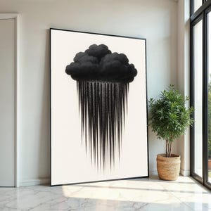 May include: A black and white minimalist art print depicting a stylised cloud with raindrops falling from it. The print is framed in a black frame and is hanging on a white wall.